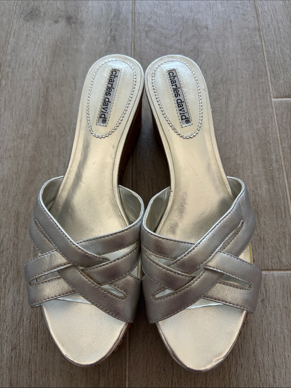 Charles David Metallic Silver Cross-Strap Slide Mules